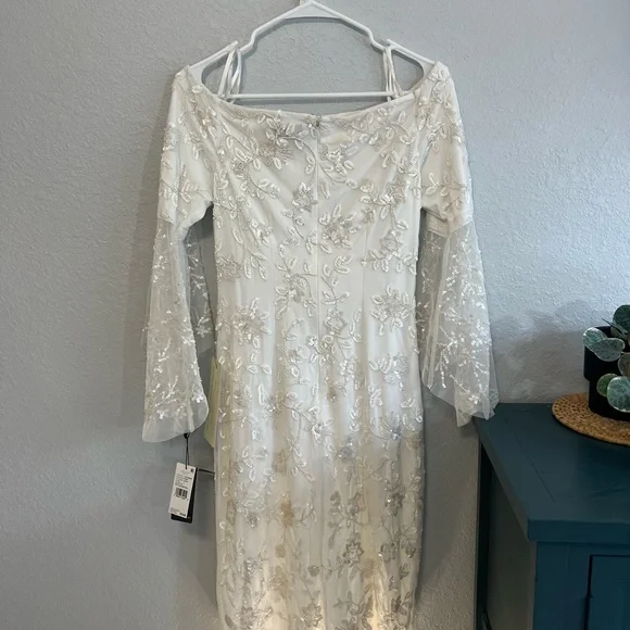 Adrianna Papell Off-Shoulder Sequin Beaded Floral Dress 3/4 Bell Sleeves NWT - Picture 4 of 16